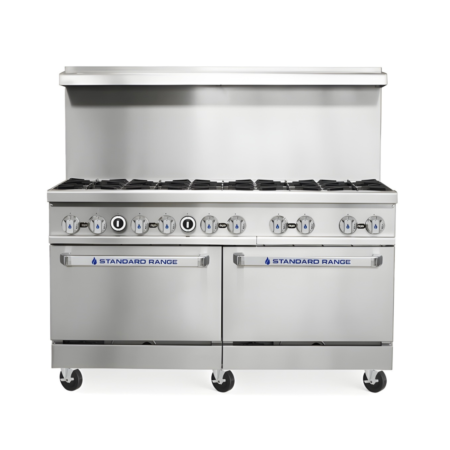 A front-view of a 60-inch stainless steel Standard Range commercial gas range featuring ten heavy-duty open burners across the cooktop. The unit includes a full-width high back riser, ten blue-accented control knobs on the front manifold, and two side-by-side standard oven bases with branded pull-down door handles, all supported by six swivel casters.