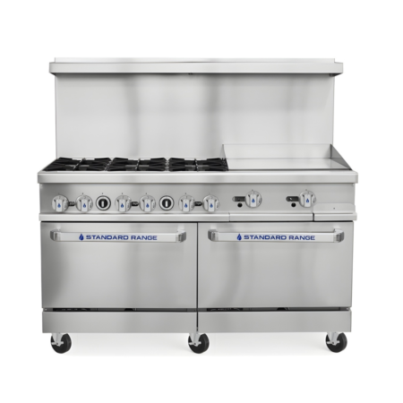 A front-view of a 60-inch stainless steel Standard Range commercial gas range featuring six heavy-duty open burners on the left and a 24-inch charbroiler with cast iron grates on the right. The unit includes a full-width high back riser, blue-accented control knobs across the front manifold, and two side-by-side standard oven bases with branded pull-down door handles, all mounted on six swivel casters.