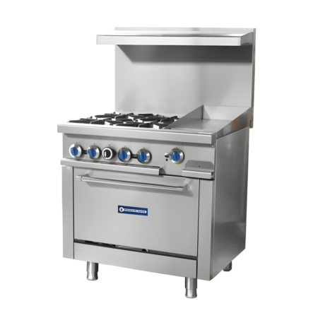 Three-quarter angled view of a stainless steel Standard Range propane gas work range. The unit features four heavy-duty cast iron burner grates on the left and a 12-inch polished steel griddle on the right. It includes a high backguard with an integrated shelf, front-mounted control knobs with blue accents, a bottom oven with a full-width handle, and adjustable stainless steel legs.
