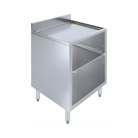 A three-quarter perspective view of a stainless steel underbar drainboard cabinet. The unit features a corrugated, recessed drainboard top with a backsplash, an open storage base with a middle shelf, and four adjustable stainless steel bullet feet, shown against a white background.