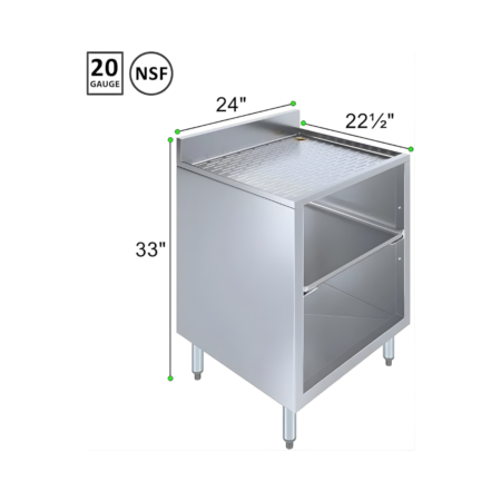 A three-quarter perspective technical image of a stainless steel underbar drainboard unit with measurement overlays showing a 24-inch width, 22 1/2-inch depth, and 33-inch total height. The unit features an open storage base with a middle shelf, adjustable bullet feet, and a corrugated drainboard top. Icons in the upper left corner indicate it is NSF approved and constructed from 20-gauge steel.