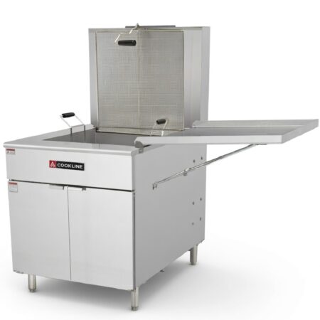 A stainless steel Cookline floor-model donut fryer with an open cabinet base, side drain tray, and a large frying screen.