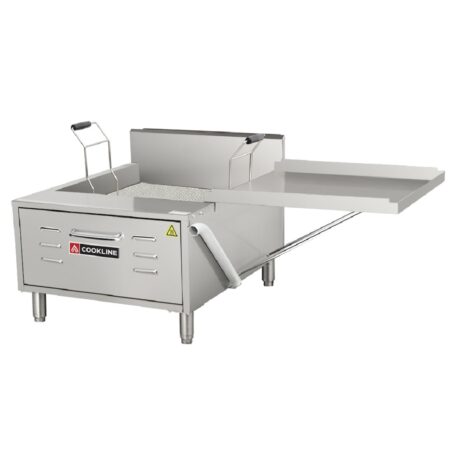 A commercial countertop stainless steel donut and funnel cake fryer by Cookline. The unit features a large frying oil tank with a wire mesh grate, two manual lift handles with black grips, a side drainage tray for cooling pastries, and a front-access cabinet with a warning icon and adjustable legs for stable kitchen placement.