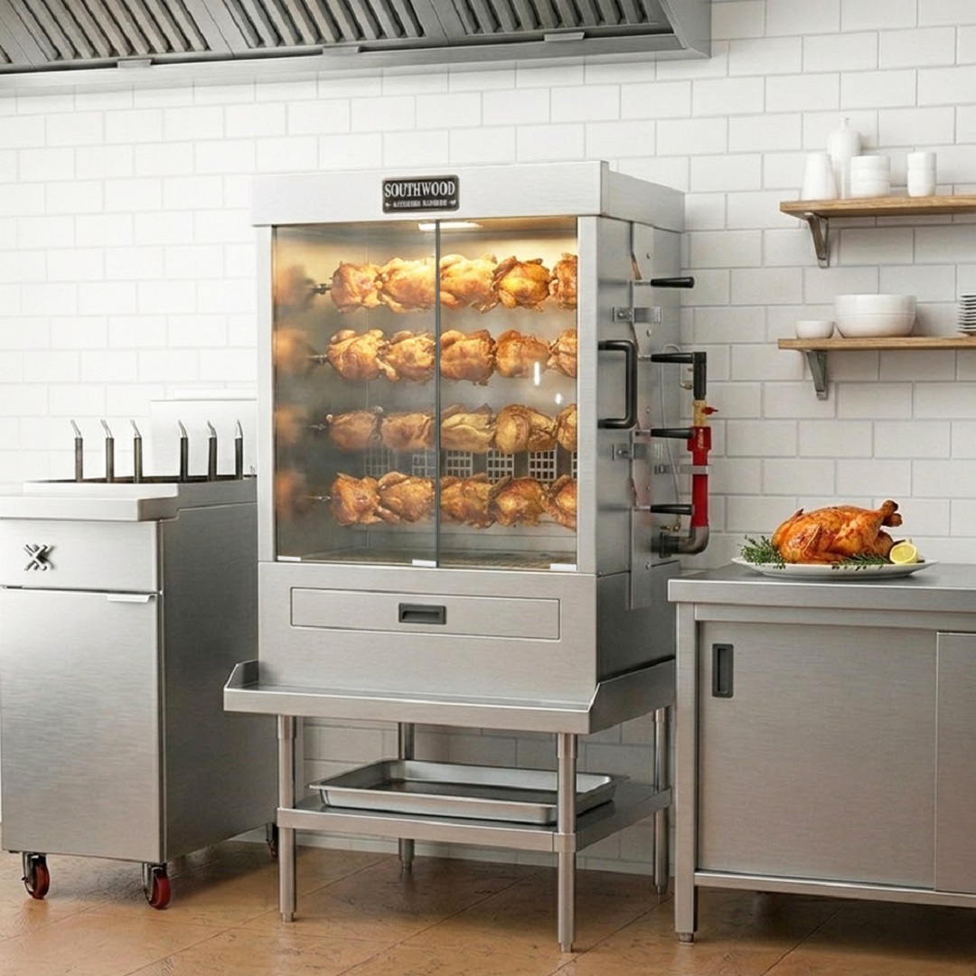 Southwood Rg4 Commercial Gas Rotisserie Oven – 20 Chicken Capacity (Ng/Lp) 7 A Southwood Commercial Rotisserie Oven Roasting Chickens On 4 Rotating Spits In A Modern Kitchen Setting With Subway Tile.