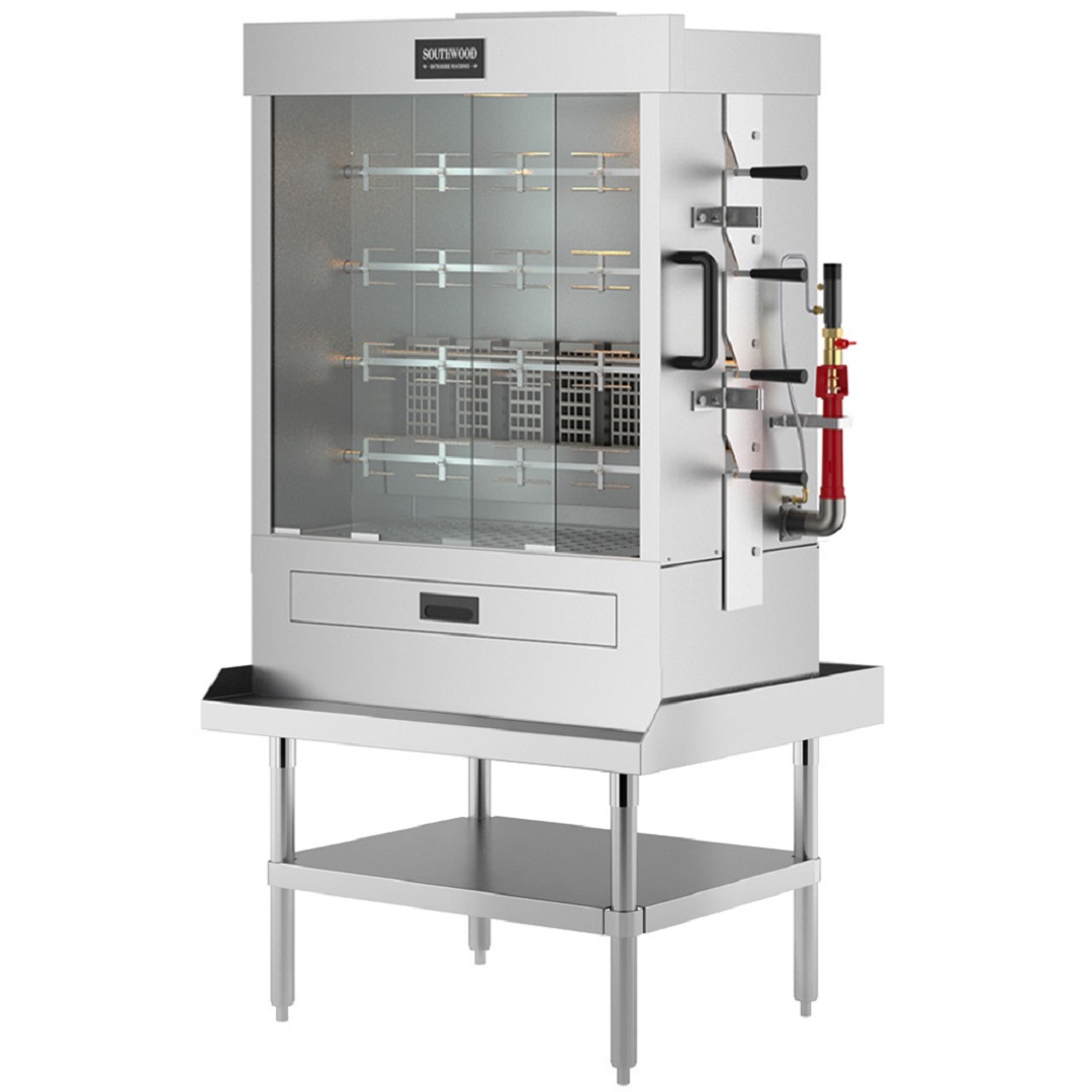 Southwood Rg4 Commercial Gas Rotisserie Oven – 20 Chicken Capacity (Ng/Lp) 6 Angle View Of A Commercial Rotisserie Oven On A Heavy-Duty Metal Stand With A Bottom Shelf.