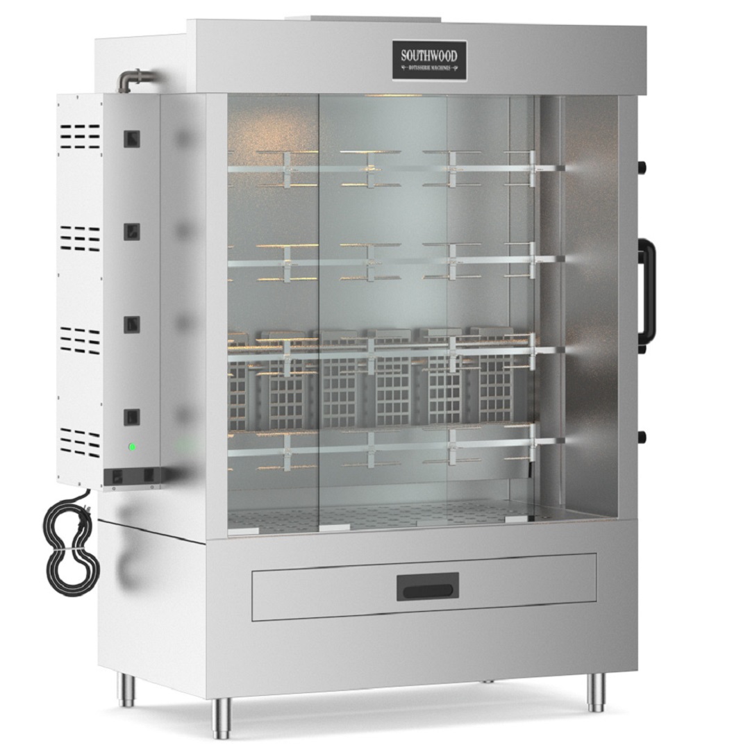 Southwood Rg4 Commercial Gas Rotisserie Oven – 20 Chicken Capacity (Ng/Lp) 8 Front-Left View Of A Southwood Stainless Steel Natural Gas Rotisserie Oven With Glass Doors And 4 Spits For 20 Chickens.