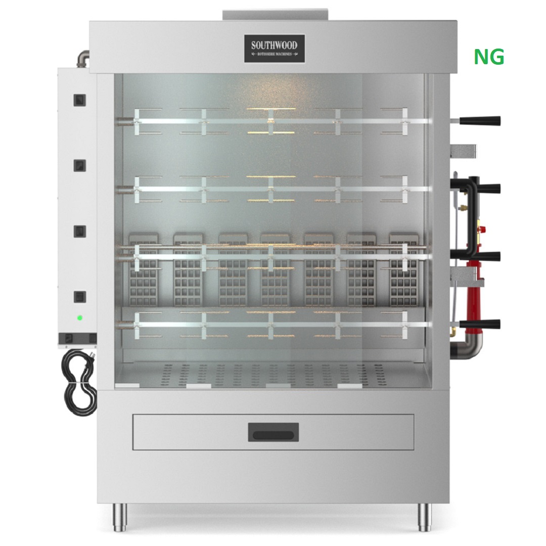 Southwood Rg4 Commercial Gas Rotisserie Oven – 20 Chicken Capacity (Ng/Lp) 3 A Front-Facing View Of A Southwood Commercial Natural Gas Rotisserie Oven. The Stainless Steel Unit Features A Glass Display Door Revealing Four Rotating Spits Capable Of Holding 20 Chickens, Industrial Control Switches On The Left, A Bottom Drip Drawer, And A &Quot;Ng&Quot; Label Indicating Natural Gas Compatibility.