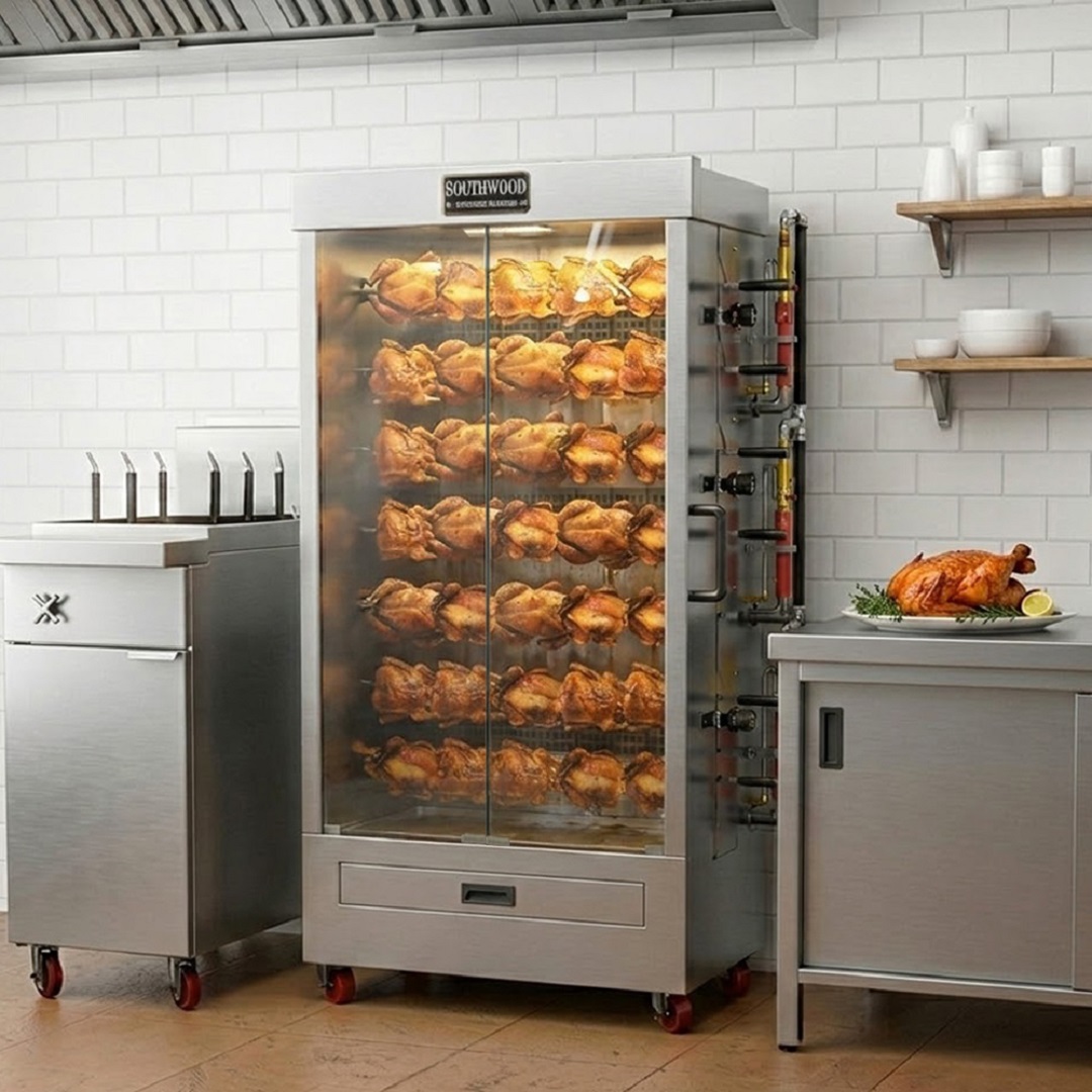 Southwood Rg7 Commercial Gas Rotisserie Oven – 35 Chicken Capacity (Ng/Lp) 4 A Large Southwood Commercial Rotisserie Oven Roasting 35 Chickens On Seven Rotating Spits In A Professional Kitchen Environment.