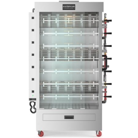 Front view of a large stainless steel rotisserie oven with 7 spits for 35 chickens on red casters.