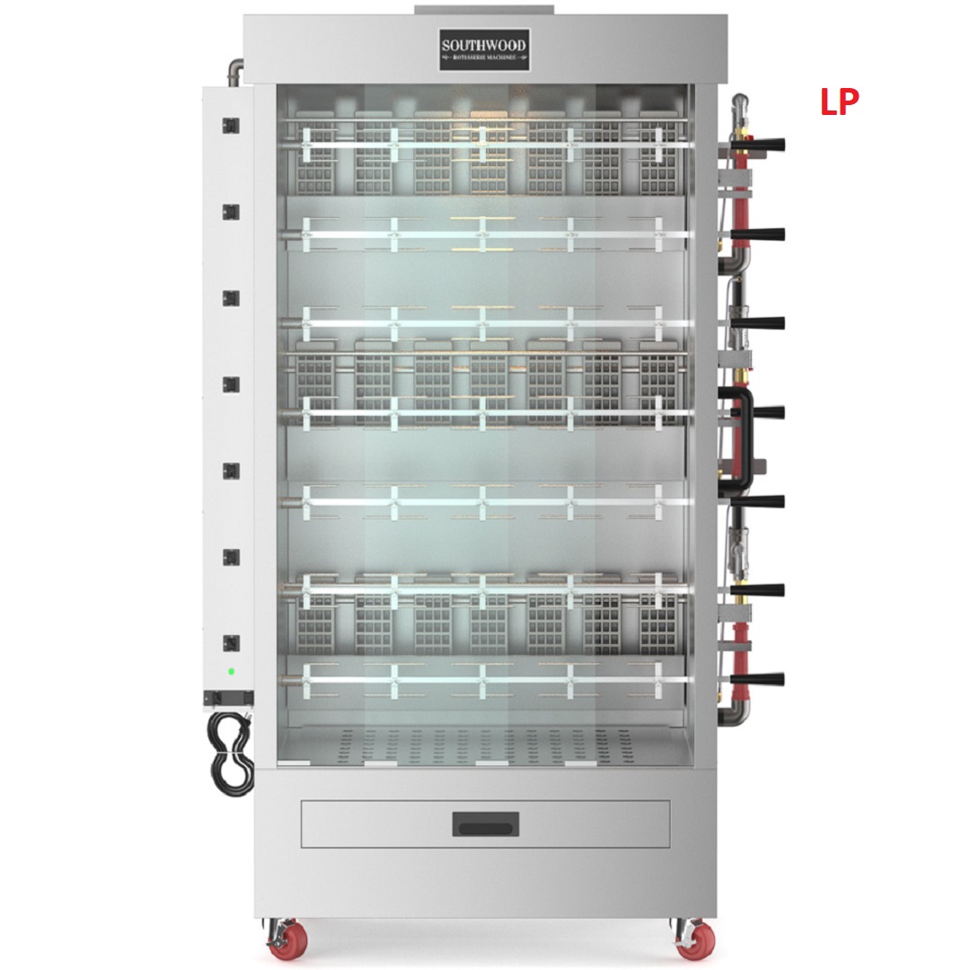 Southwood Rg7 Commercial Gas Rotisserie Oven – 35 Chicken Capacity (Ng/Lp) 5 Front View Of A 35-Chicken Capacity Commercial Rotisserie Oven With A Red &Quot;Lp&Quot; Label Indicating Liquid Propane Compatibility.