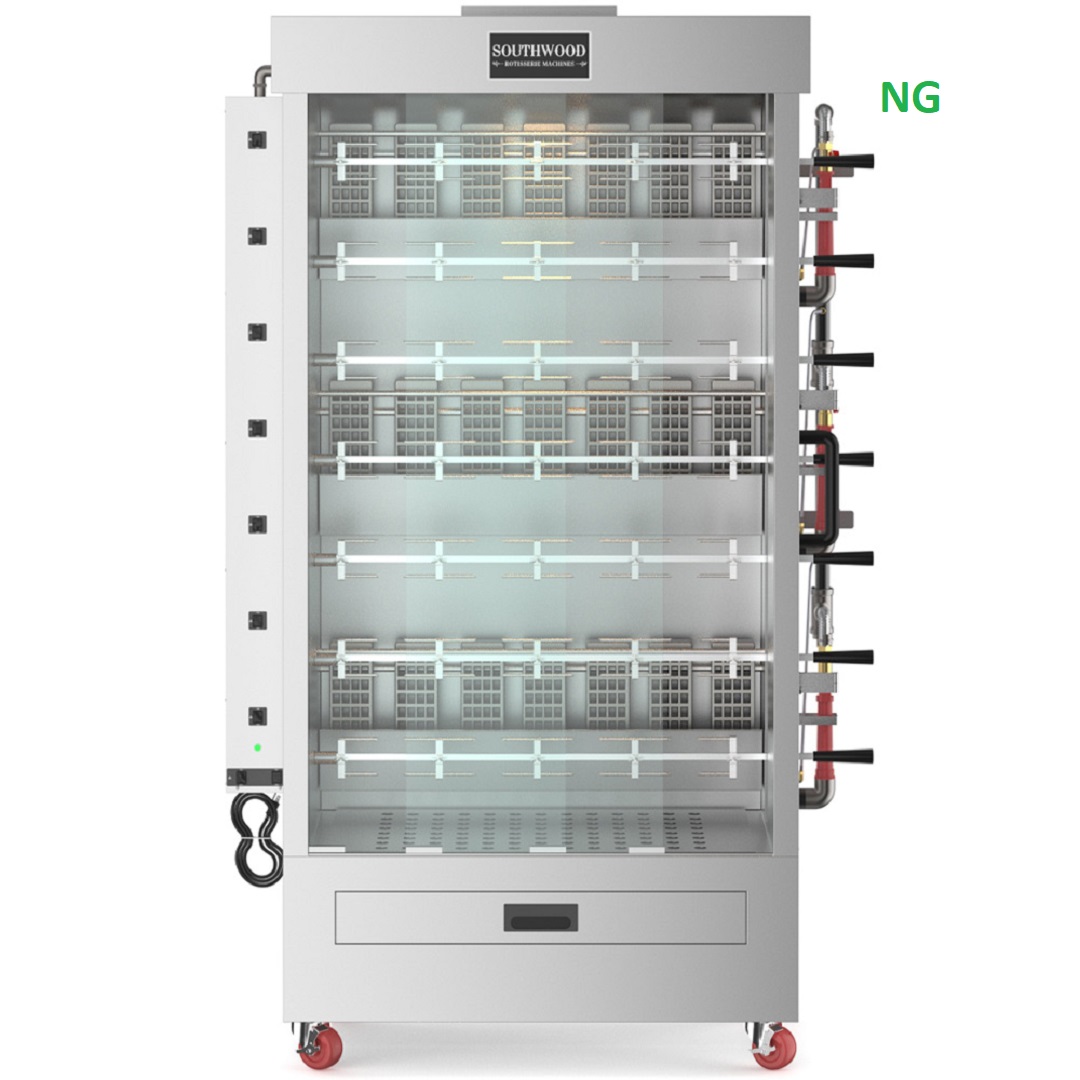 Southwood Rg7 Commercial Gas Rotisserie Oven – 35 Chicken Capacity (Ng/Lp) 6 Front View Of A 35-Chicken Capacity Commercial Rotisserie Oven With A Green &Quot;Ng&Quot; Label Indicating Natural Gas Compatibility.
