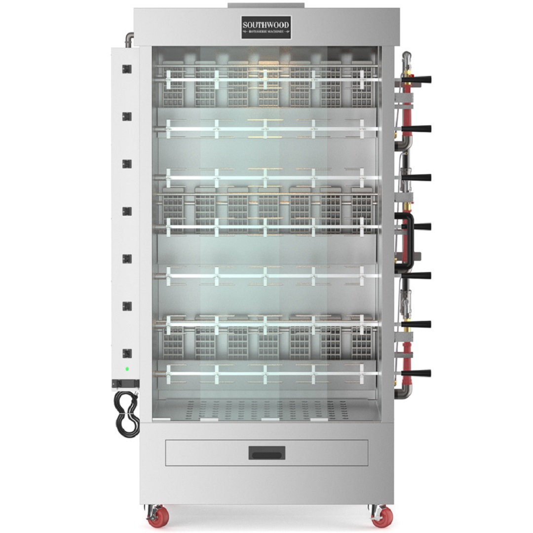 Southwood Rg7 Commercial Gas Rotisserie Oven – 35 Chicken Capacity (Ng/Lp) 1 Front View Of A Large Stainless Steel Rotisserie Oven With 7 Spits For 35 Chickens On Red Casters.