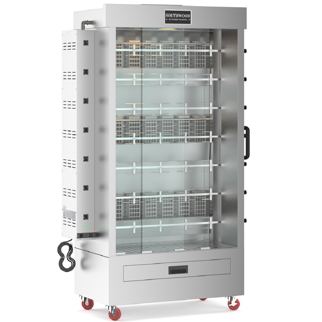 Southwood Rg7 Commercial Gas Rotisserie Oven – 35 Chicken Capacity (Ng/Lp) 3 Side-Angle View Of A Large Stainless Steel Rotisserie Oven Showing Gas Connection Pipes And Seven Black Spit Handles.