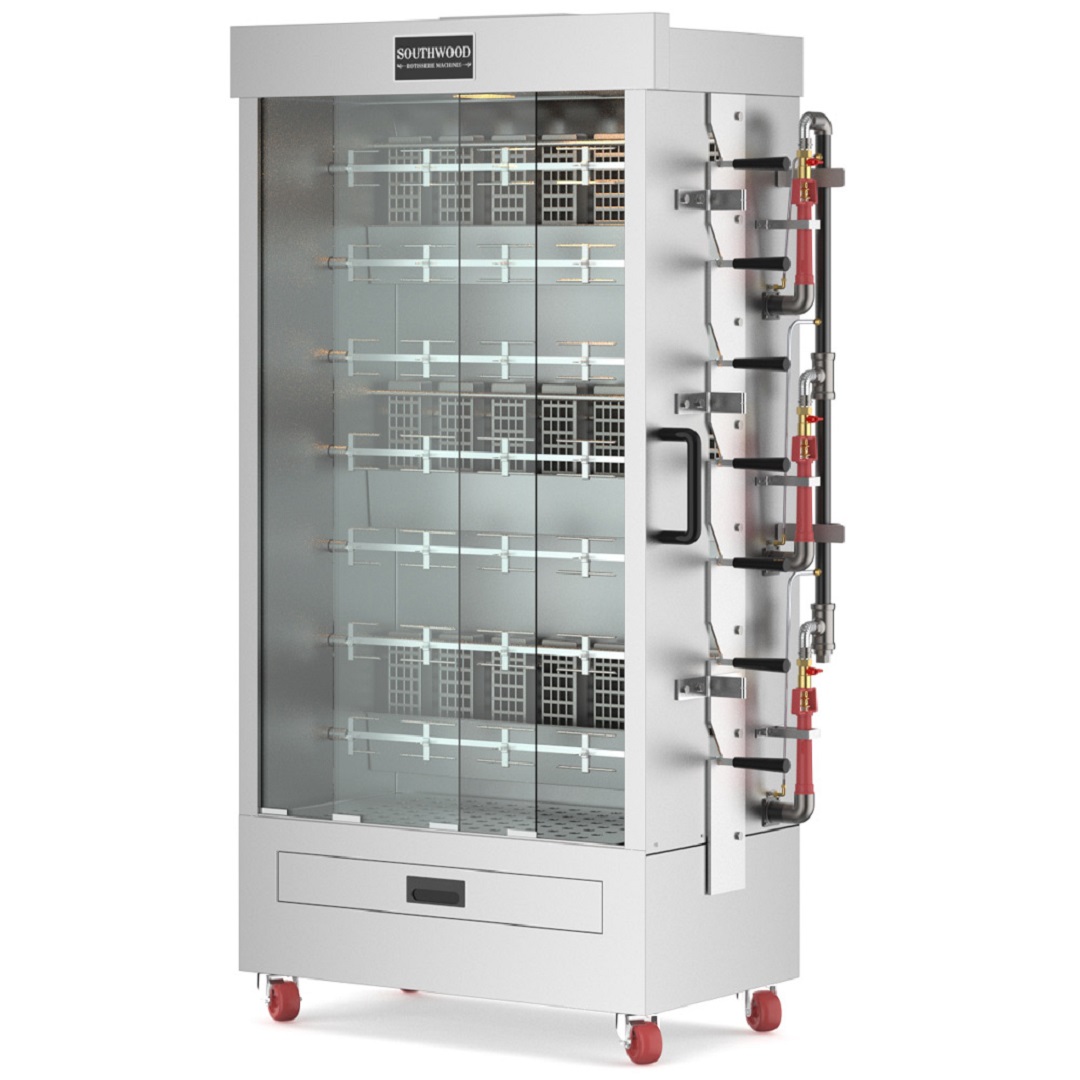 Southwood Rg7 Commercial Gas Rotisserie Oven – 35 Chicken Capacity (Ng/Lp) 2 Side-Angle View Of A Large Stainless Steel Rotisserie Oven Showing Gas Connection Pipes And Seven Black Spit Handles.