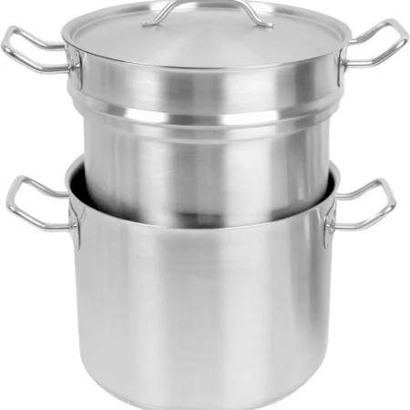A studio shot of a heavy-duty stainless steel tiered steamer set. The set includes a large base stock pot with dual riveted handles and a matching steamer insert stacked on top, complete with a flat stainless steel lid and heat-resistant side handles for easy lifting.