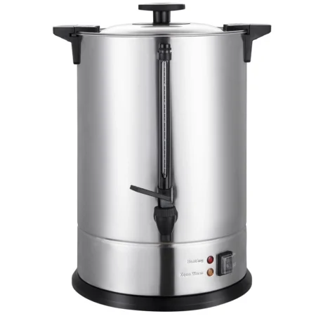 A front-facing studio shot of a cylindrical, polished stainless steel coffee urn. The unit features a black base and lid, heat-resistant handles, a clear water level indicator, a front-mounted dispensing tap, and indicator lights labeled "Heating" and "Keep Warm" next to a power switch.