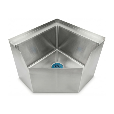 Top-down view of a triangular stainless steel corner sink with a blue drain strainer.