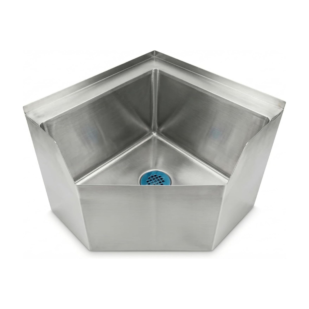 Stainless Steel Corner Floor Mop Sink 18.5 In. X 22.5 In. X 16 In. H With 16 In. X 20 In. X 12 In. Bowl 1 Top-Down View Of A Triangular Stainless Steel Corner Sink With A Blue Drain Strainer.