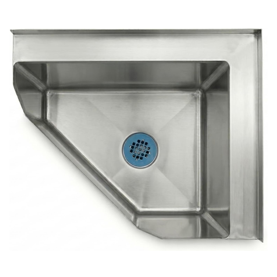 Stainless Steel Corner Floor Mop Sink 18.5 In. X 22.5 In. X 16 In. H With 16 In. X 20 In. X 12 In. Bowl 2 Direct Top-Down View Of A Triangular Stainless Steel Corner Sink Featuring A Central Blue Drain Strainer And Brushed Metal Finish.