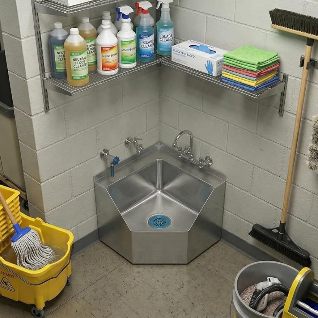 Stainless Steel Corner Floor Mop Sink 18.5 In. X 22.5 In. X 16 In. H With 16 In. X 20 In. X 12 In. Bowl 3 A Stainless Steel Corner Mop Sink Installed In A Utility Room With Wall-Mounted Faucets And Cleaning Supplies On Shelves Above.