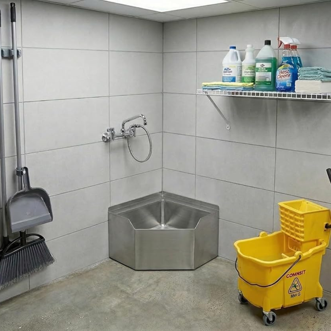 Stainless Steel Corner Floor Mop Sink 18.5 In. X 22.5 In. X 16 In. H With 16 In. X 20 In. X 12 In. Bowl 4 A Stainless Steel Corner Mop Sink Installed Against A Tiled Wall, Featuring A Wall-Mounted Commercial Spray Faucet And Nearby Cleaning Supplies.