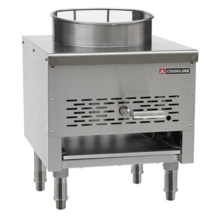A commercial-grade stainless steel liquid propane wok range featuring a compact design with short, heavy-duty adjustable legs. The unit includes a single circular wok rim, a front-mounted manual control handle, a ventilated front panel, and a pull-out drip tray.