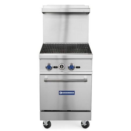 A front-facing view of a stainless steel Standard Range commercial gas charbroiler featuring a 24-inch cooking surface, two blue control knobs, a lower oven compartment, and heavy-duty swivel casters for mobility.