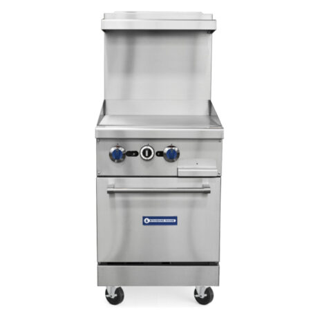 Front view of a 24-inch stainless steel gas range featuring a 24-inch manual griddle top, two burner knobs, a space saver oven, and casters.