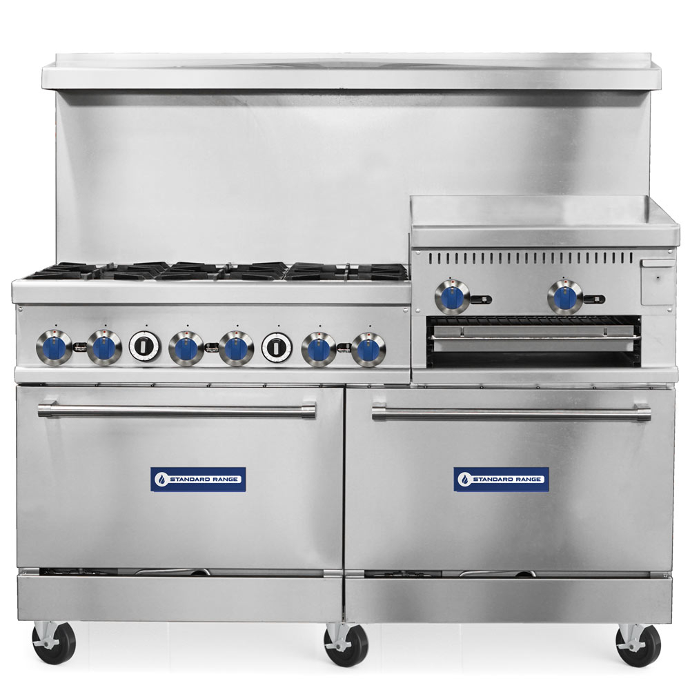 Commercial Gas Range 6 Burner With Griddle &Amp; Double Oven | 60&Quot; Heavy Duty Range 4 Front-Facing Product Shot Of The 60-Inch Standard Range Commercial Gas Range Featuring 6 Burners, A 24-Inch Raised Griddle Broiler, And Two Ovens On Casters.