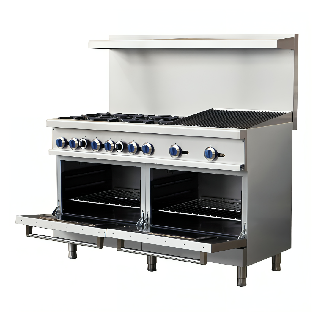 Standard Range Sr-R60-24Cb 60&Quot; Commercial Gas Range With 6 Burners, 24&Quot; Charbroiler, And 2 Ovens - 306,000 Btu (Ng | Lp) 3 Angled View Of A 60-Inch Standard Range Commercial Gas Range With Both Oven Doors Open, Showcasing The Interior Racks, 6 Burners, And 24-Inch Charbroiler Top.