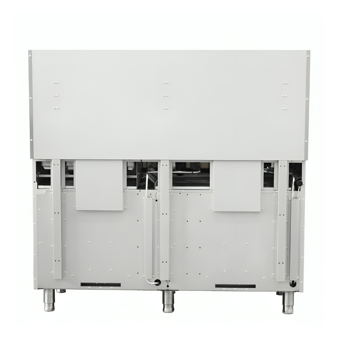 Standard Range Sr-R60-24Cb 60&Quot; Commercial Gas Range With 6 Burners, 24&Quot; Charbroiler, And 2 Ovens - 306,000 Btu (Ng | Lp) 4 Rear Exterior Panel Of A 60-Inch Standard Range Gas Range On Adjustable Legs, Showing Gas Connection Access And Heavy-Duty Frame Construction.