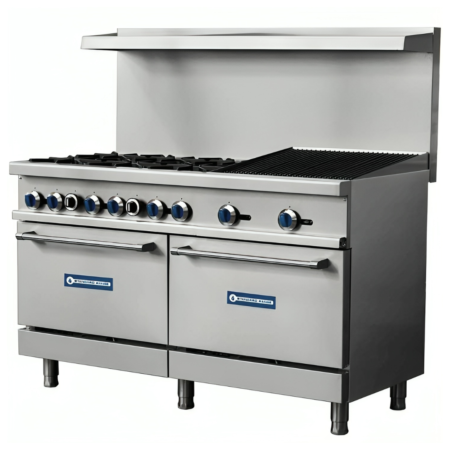 Angled front view of a 60-inch Standard Range commercial gas range featuring 6 open burners, a 24-inch radiant charbroiler, and two ovens on adjustable stainless steel legs.