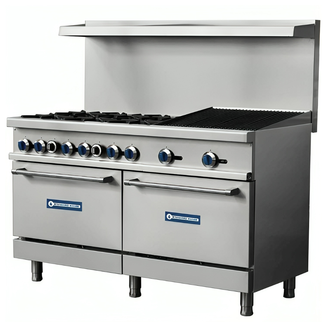 Standard Range Sr-R60-24Cb 60&Quot; Commercial Gas Range With 6 Burners, 24&Quot; Charbroiler, And 2 Ovens - 306,000 Btu (Ng | Lp) 2 Angled Front View Of A 60-Inch Standard Range Commercial Gas Range Featuring 6 Open Burners, A 24-Inch Radiant Charbroiler, And Two Ovens On Adjustable Stainless Steel Legs.