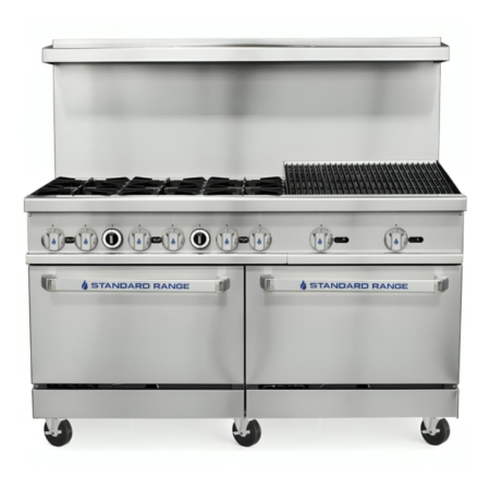 Front view of a 60-inch Standard Range commercial gas range featuring 6 open burners, a 24-inch radiant charbroiler, and two ovens on heavy-duty casters.