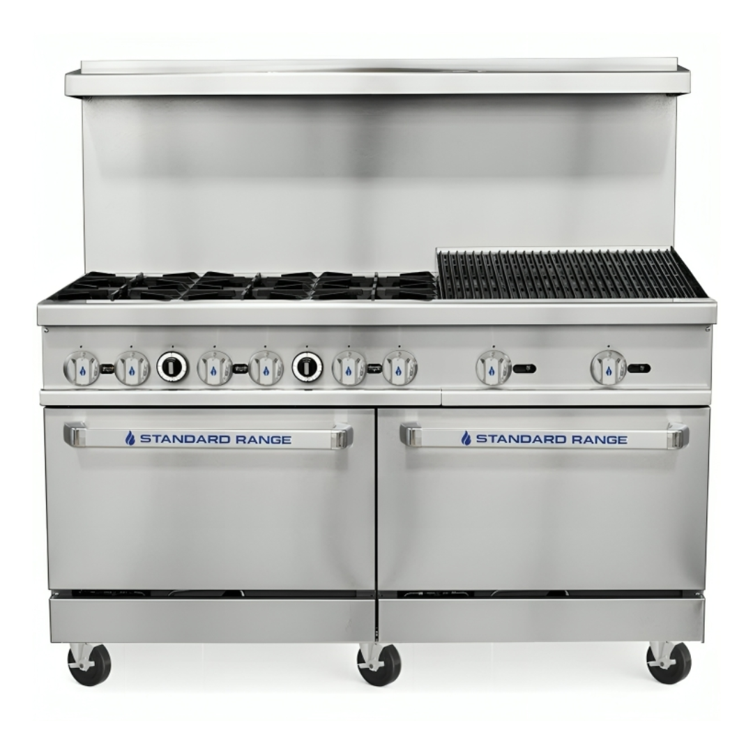 Standard Range Sr-R60-24Cb 60&Quot; Commercial Gas Range With 6 Burners, 24&Quot; Charbroiler, And 2 Ovens - 306,000 Btu (Ng | Lp) 1 Front View Of A 60-Inch Standard Range Commercial Gas Range Featuring 6 Open Burners, A 24-Inch Radiant Charbroiler, And Two Ovens On Heavy-Duty Casters.