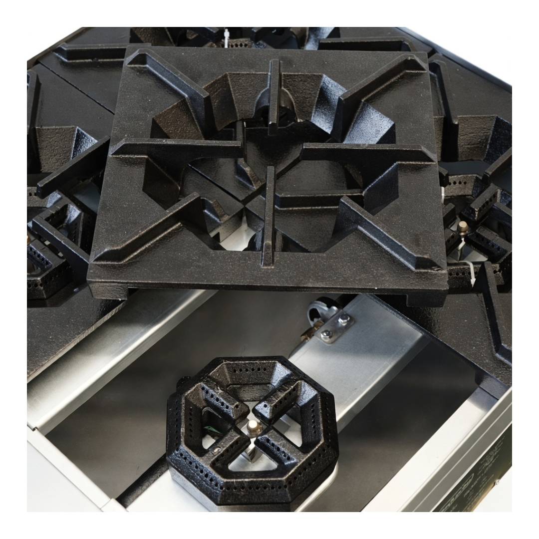 Standard Range Sr-R60-24Cb 60&Quot; Commercial Gas Range With 6 Burners, 24&Quot; Charbroiler, And 2 Ovens - 306,000 Btu (Ng | Lp) 5 Close-Up Of A High-Output Star Burner And Heavy-Duty 12X12 Inch Removable Cast Iron Grate On A Standard Range 60-Inch Commercial Gas Stove.