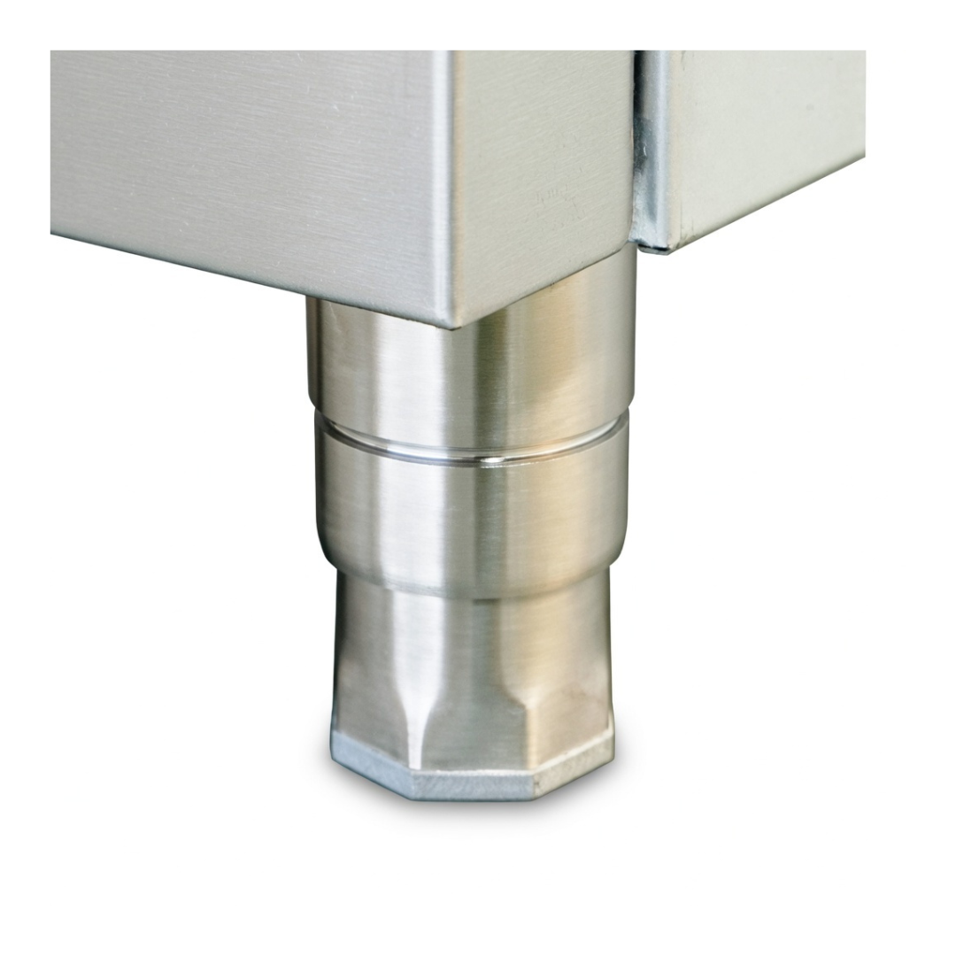 Standard Range Sr-R60-24Cb 60&Quot; Commercial Gas Range With 6 Burners, 24&Quot; Charbroiler, And 2 Ovens - 306,000 Btu (Ng | Lp) 7 A Close-Up Shot Of A Heavy-Duty, Brushed Stainless Steel Adjustable Leg Supporting A Metal Cabinet Or Table. The Leg Features A Threaded Leveling Mechanism And A Hexagonal Base For Stability On Uneven Floors.