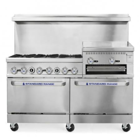 Front view of a 60-inch Standard Range commercial gas range featuring 6 burners, a 24-inch raised griddle broiler, and two ovens on casters.
