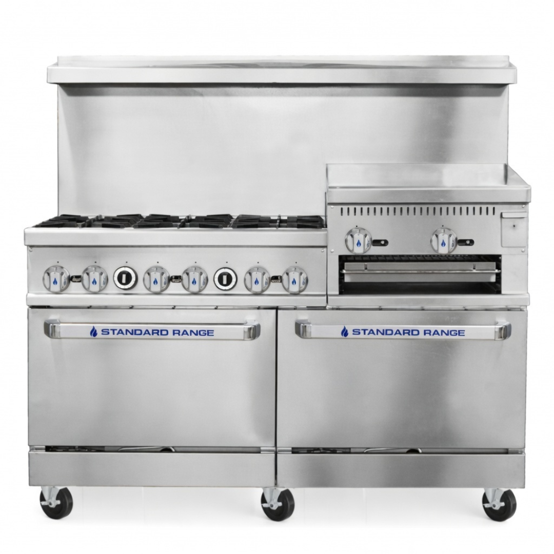 Commercial Gas Range 6 Burner With Griddle &Amp; Double Oven | 60&Quot; Heavy Duty Range 1 Front View Of A 60-Inch Standard Range Commercial Gas Range Featuring 6 Burners, A 24-Inch Raised Griddle Broiler, And Two Ovens On Casters.