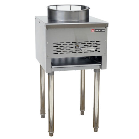 A commercial-grade stainless steel gas wok range featuring a single high-power burner ring on top, a front-mounted control handle with a ventilated panel, and four tall cylindrical legs for stable operation.