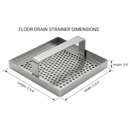 Floor Drain Strainer Dimensions Square stainless steel floor drain strainer with perforated holes and a raised handle, dimensions labeled 5¾