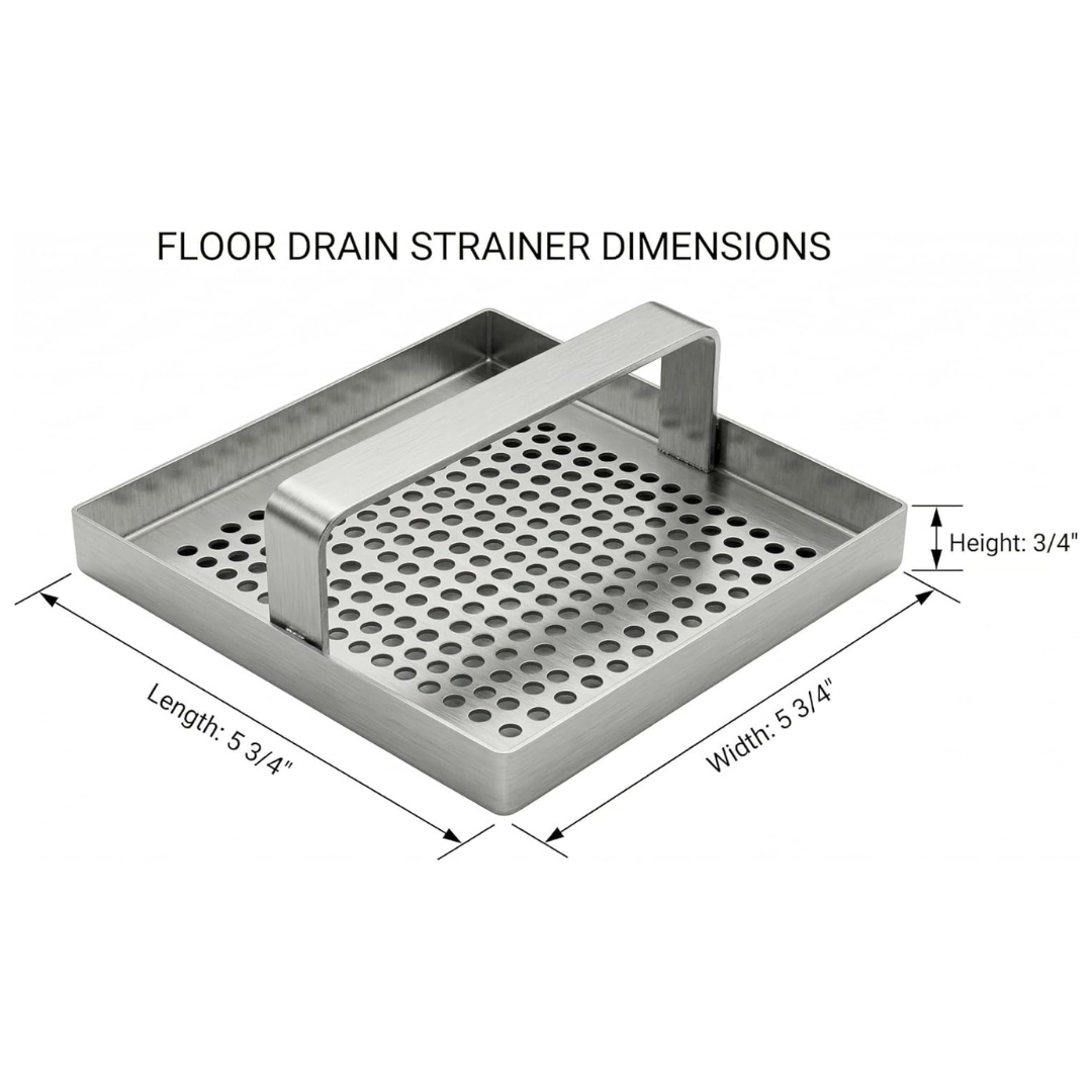 Stainless Steel Floor Drain Strainer 5.75&Quot; Square With Handle | Heavy-Duty Commercial Drain Basket For Kitchen, Mop Sink &Amp; Utility Drains 2 Square Stainless Steel Floor Drain Strainer With Perforated Holes And A Raised Handle, Dimensions Labeled 5¾&Quot; Length, 5¾&Quot; Width, And ¾&Quot; Height.