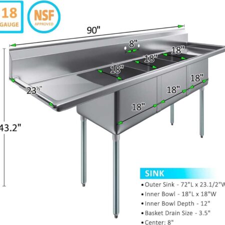 nsf-approved-18-gauge-stainless-steel-three-compartment-sink-dimension-chart-showing-90-inch-total-length-and-18x18x12-inch-inner-bowls