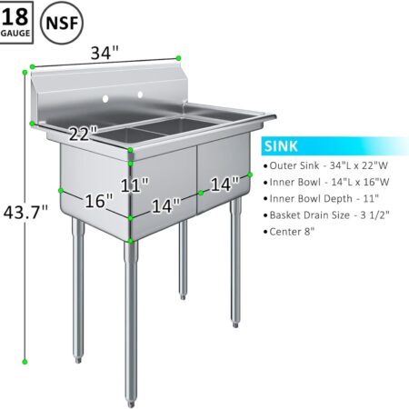 Stainless-Steel-Commercial-Two-Bowl-Sink-Without-Drainboard-Viewed-From-A-Front-Angle