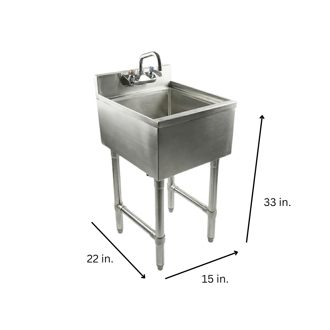 Commercial Underbar Hand Sink Stainless Steel With Backsplash Faucet Included Nsf Single Bowl Bar Prep Sink 12 A Two-Quarter Perspective Of A Professional Stainless Steel Utility Sink On A White Background, Featuring Dimension Lines Indicating A Height Of 33 Inches, A Width Of 15 Inches, And A Depth Of 22 Inches. The Sink Includes A Single Deep Compartment, A Backsplash, And A Deck-Mounted Gooseneck Faucet.