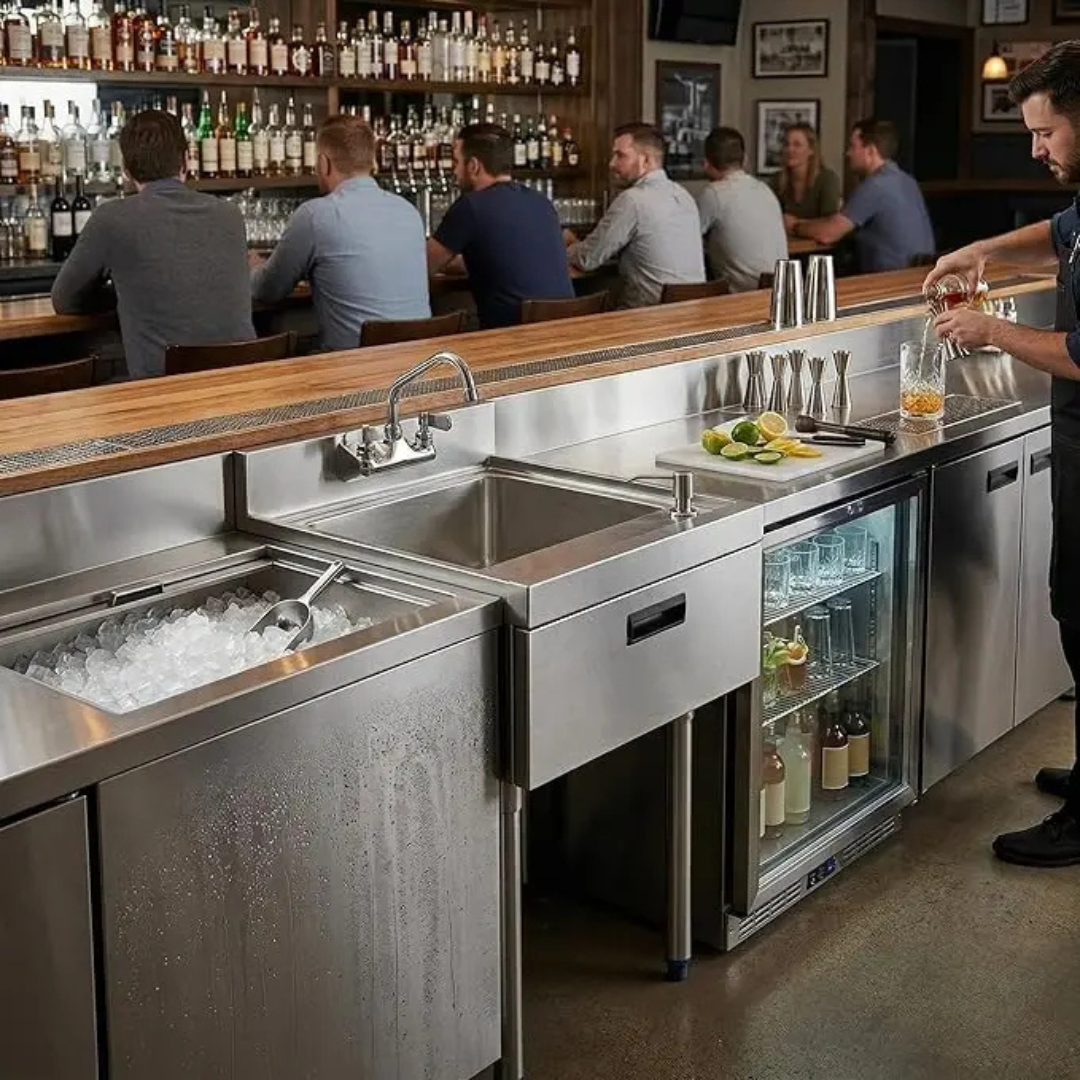 Stainless Steel Underbar Hand Sink With Soap And Towel Dispensers Bowl Faucet And Drain Basket 3 A Two-Quarter Perspective Of A High-End Stainless Steel Underbar Workstation In A Busy Bar Setting. The Modular Setup Features A Large Insulated Ice Bin With A Speed Rail, A Single-Compartment Hand Sink With A Deck-Mounted Gooseneck Faucet And Built-In Soap Dispenser, And A Glass-Door Back Bar Refrigerator. A Bartender Is Shown Preparing A Cocktail In The Background On A Matching Stainless Steel Work Surface.