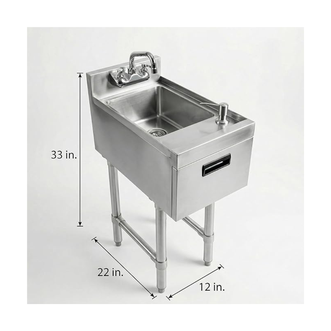 Stainless Steel Underbar Hand Sink With Soap And Towel Dispensers Bowl Faucet And Drain Basket 6 Two Images Showing Professional Stainless Steel Hand Sinks With Integrated Soap Dispensers And Gooseneck Faucets Against A White Background. Each Image Includes Dimension Lines: One For An 18-Inch Wide Unit And Another For A 12-Inch Wide Unit, Both With A Height Of 33 Inches And A Depth Of 22 Inches. Both Sinks Are Shown In A Two-Quarter Perspective, Featuring A Single Compartment And A Front Apron With A Recessed Black Handle.