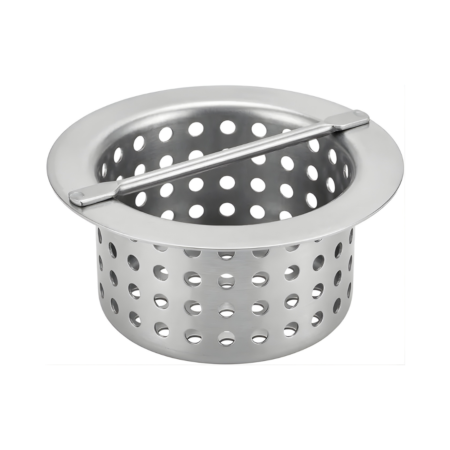 A heavy-duty stainless steel sink strainer basket featuring a perforated design and a central flat crossbar for easy removal, shown in a two-quarter perspective against a white background.