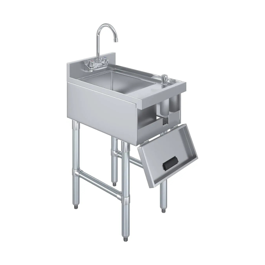 Stainless Steel Underbar Hand Sink With Soap And Towel Dispensers Bowl Faucet And Drain Basket 8 A Two-Quarter Perspective Of A Professional Stainless Steel Hand Sink On A White Background. The Unit Features A Deck-Mounted Gooseneck Faucet, An Integrated Soap Dispenser, And A Unique Tilt-Out Front Compartment Shown In The Open Position. The Sink Is Supported By Four Stainless Steel Legs With Adjustable Bullet Feet And Cross-Bracing For Added Stability.