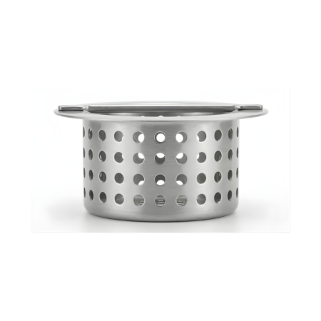 A front-facing eye-level perspective of a professional-grade stainless steel sink strainer basket on a white background. The basket features a perforated body for efficient drainage and a horizontal flat crossbar handle at the top for easy removal.